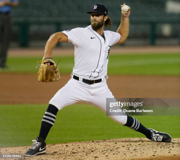 Daniel Norris of the Detroit Tigers pitches against the Chicago Cubs during the fourth inning at Comerica Park on August 26 in Detroit, Michigan.