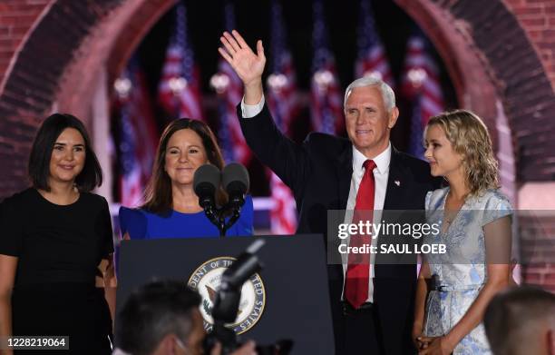 Audrey Pence, Second Lady Karen Pence, US Vice President Mike Pence and Charlotte Pence Bond stand on stage at the end of the third night of the...