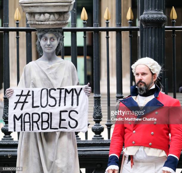 Protest outside the British Museum about the Elgin Marbles, the British Museum reopens after closing for lockdown #LostMyMarbles. PHOTOGRAPH BY...