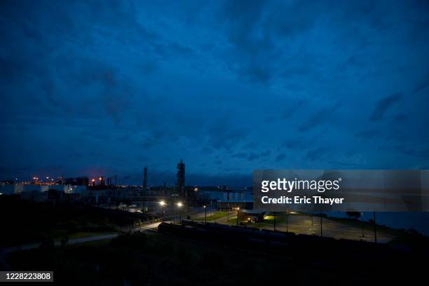 Oil refineries are seen after Hurricane Laura made landfall on August 27, 2020 in Port Arthur, Texas. Hurricane Laura came ashore bringing rain and...