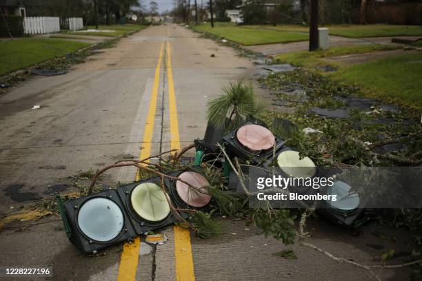 Damaged traffic signals lay in a road after Hurricane Laura made landfall in Lake Charles, Louisiana, U.S., on Thursday, Aug. 27, 2020. Hurricane...