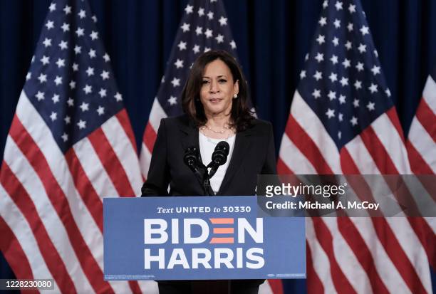 Democratic Vice Presidential nominee Sen. Kamala Harris , delivers remarks during a campaign event on August 27, 2020 in Washington, DC. Harris...
