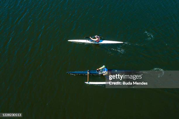 An aerial view of Para Athlete Luis Carlos Cardoso in action during a training session at the Billings reservoir on August 27, 2020 in Sao Bernardo...