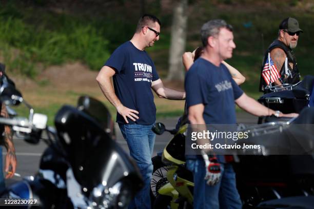 Bikers for Trump prepare to ride during the RNC 2020 Trump Biker Rally & Back the Blue Parade held at Park Road Park on August 27, 2020 in Charlotte,...