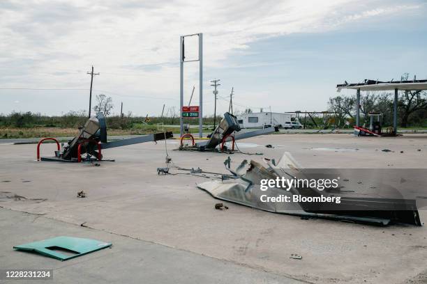 Damaged fuel pumps at a Phillips 66 gas station after Hurricane Laura made landfall in Cameron Parish, Louisiana, U.S., on Thursday, Aug. 27, 2020....