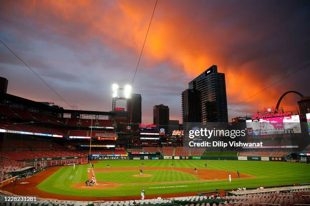 General view of Busch Stadium in a game between the St. Louis Cardinals and the Pittsburgh Pirates during game two of a doubleheader on August 27,...