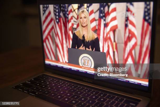 Ivanka Trump, assistant to U.S. President Donald Trump, speaks during the Republican National Convention seen on a laptop computer in Tiskilwa,...