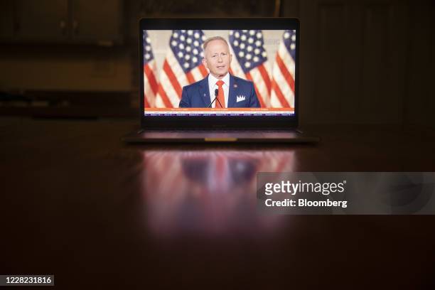 Representative Jeff Van Drew, a Republican from New Jersey, speaks during the Republican National Convention seen on a laptop computer in Tiskilwa,...