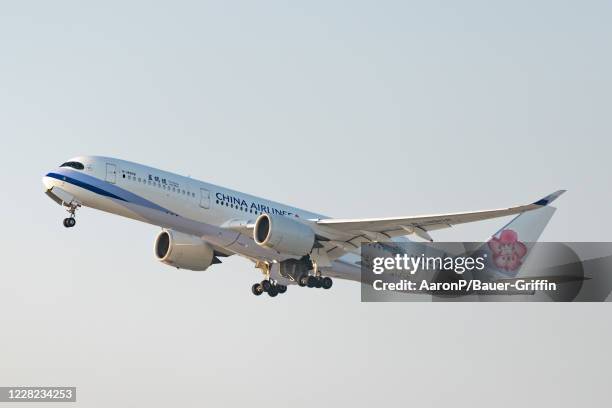 China Airlines Airbus A350 takes off from Los Angeles international Airport on August 27, 2020 in Los Angeles, California.