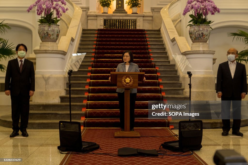 President Tsai Ing-wen speaks during a press conference at...