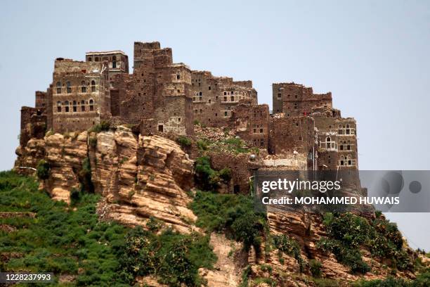 Picture taken on August 27 shows a perched village in Yemen's Jabal Haraz mountainous region located between the capital Sanaa and the city of...