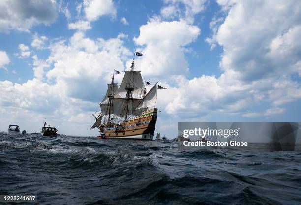 The Mayflower II is seen under sail on the final leg of its journey to Plimouth Plantation in Plymouth, MA on Aug. 10, 2020.