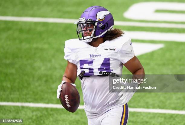 Eric Kendricks of the Minnesota Vikings looks on during training camp on August 28, 2020 at U.S. Bank Stadium in Minneapolis, Minnesota.