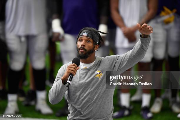 Ameer Abdullah of the Minnesota Vikings addresses the media regarding police violence and race inequalities during training camp on August 28, 2020...