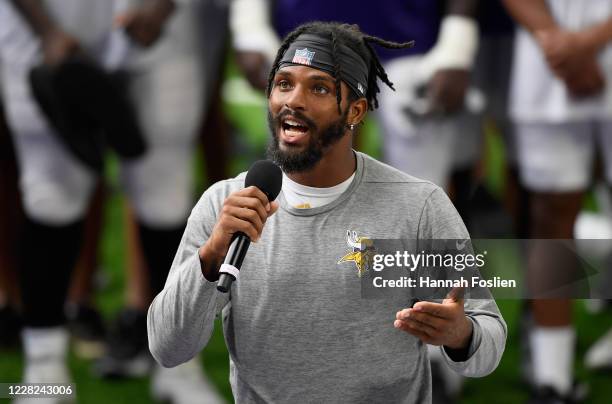 Ameer Abdullah of the Minnesota Vikings addresses the media regarding police violence and race inequalities during training camp on August 28, 2020...