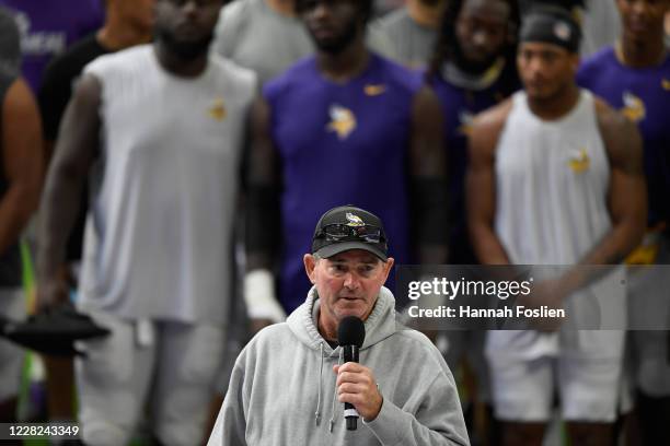 Head coach Mike Zimmer of the Minnesota Vikings addresses the media regarding police violence and race inequalities during training camp on August...