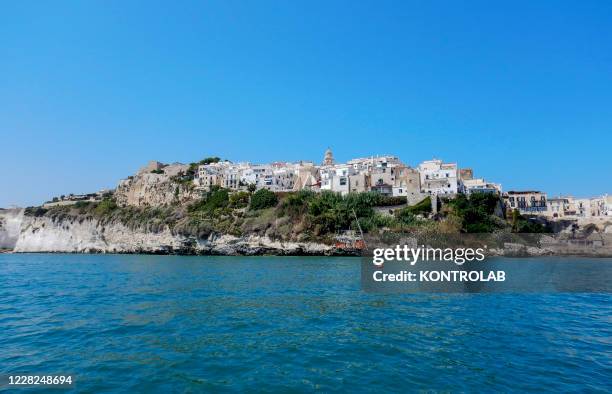 View of Vieste from the sea, in the Gargano National Park, region Apulia, southern Italy.