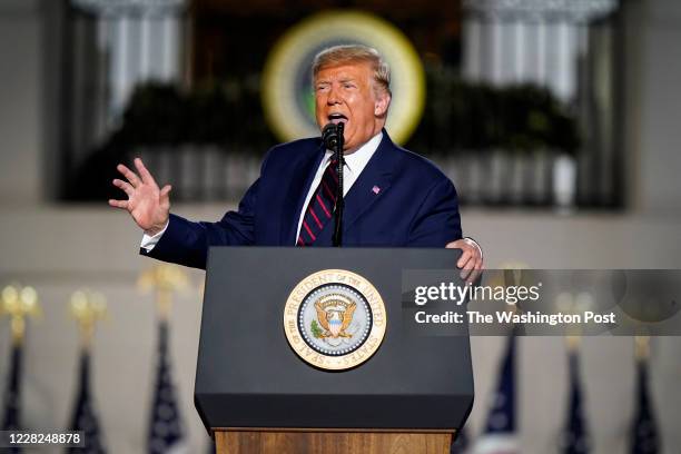 President Donald Trump speaks on the fourth and final night of the Republican National Convention with a speech delivered in front a live audience on...