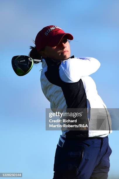 Aline Krauter of Germany tees off during the Semi-Finals on Day Five of The Women's Amateur Championship at The West Lancashire Golf Club on August...