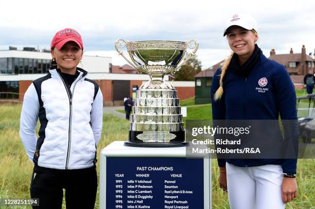 Aline Krauter of Germany and Annabell Fuller of England pose with the trophy on the 1st tee prior to the Final on Day Five of The Women's Amateur...