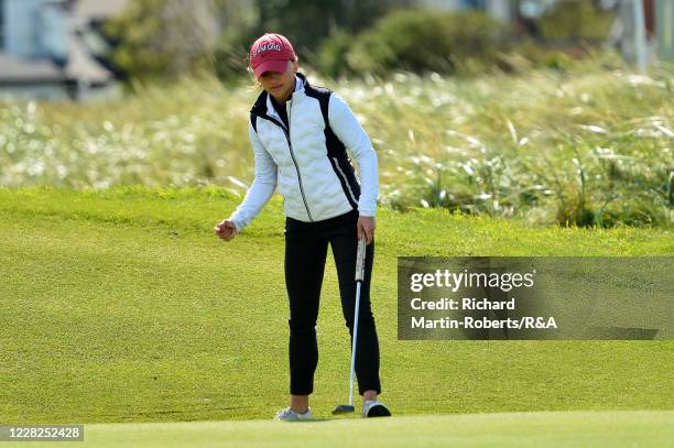 Aline Krauter of Germany celebrates holing a putt on the 9th hole during the Final on Day Five of The Women's Amateur Championship at The West...