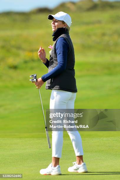 Annabell Fuller of England reacts to a putt during the Final on Day Five of The Women's Amateur Championship at The West Lancashire Golf Club on...