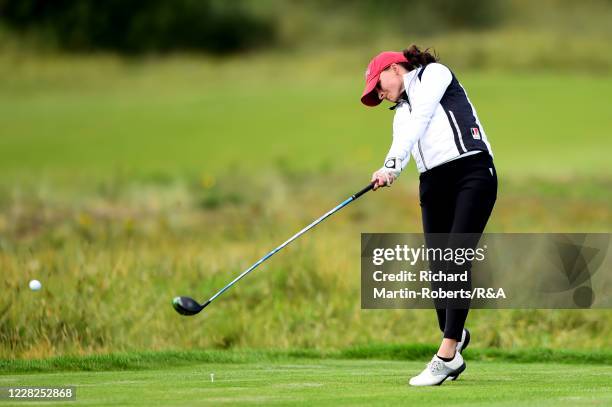 Aline Krauter of Germany tees off on the 8th hole during the Final on Day Five of The Women's Amateur Championship at The West Lancashire Golf Club...