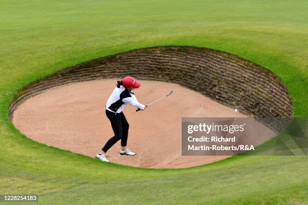 Aline Krauter of Germany hits a bunker shot on the 17th hole during the Final on Day Five of The Women's Amateur Championship at The West Lancashire...