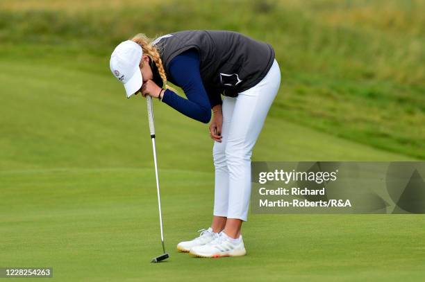 Annabell Fuller of England reacts to a missed putt on the 18th green during the Final on Day Five of The Women's Amateur Championship at The West...