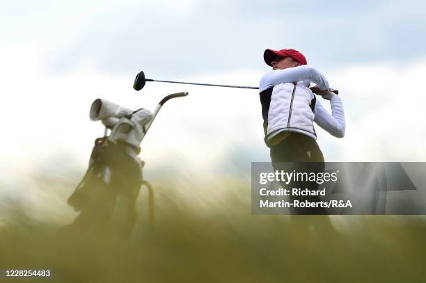 Aline Krauter of Germany tees off on the 18th hole during the Final on Day Five of The Women's Amateur Championship at The West Lancashire Golf Club...