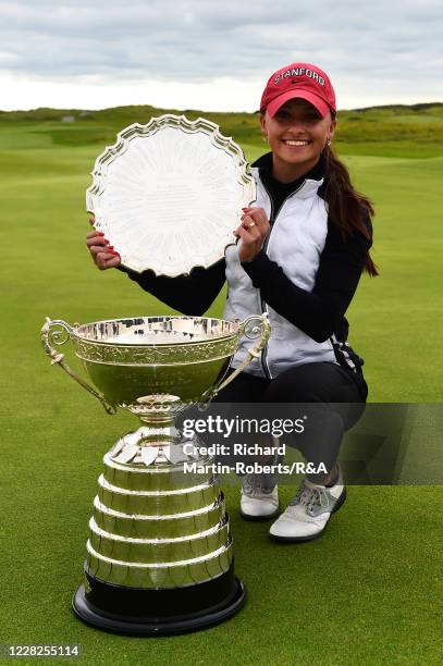 Aline Krauter of Germany poses with the trophies following her victory during the Final on Day Five of The Women's Amateur Championship at The West...