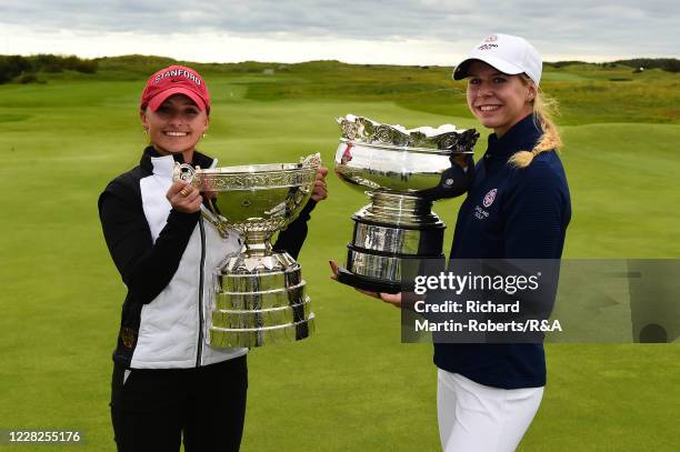 Aline Krauter of Germany poses with the trophy and runner up Annabell Fuller of England following her victory during the Final on Day Five of The...