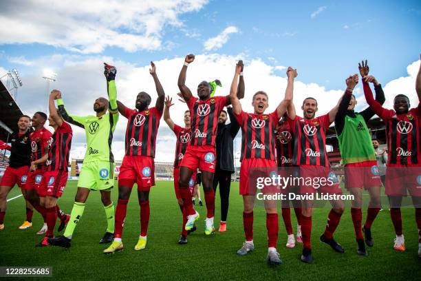 Players of Ostersunds react after the Allsvenskan match between Ostersunds FK and Falkenbergs FF at Jamtkraft Arena on August 29, 2020 in Ostersund,...