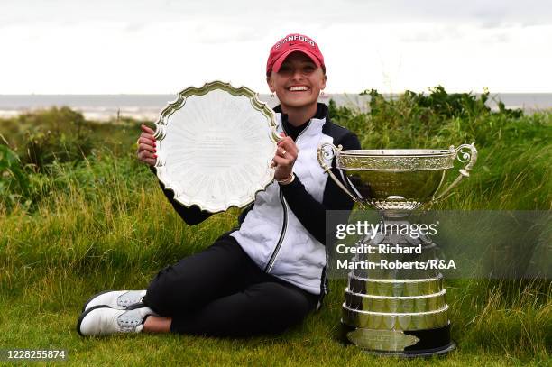 Aline Krauter of Germany poses with the trophies following her victory during the Final on Day Five of The Women's Amateur Championship at The West...