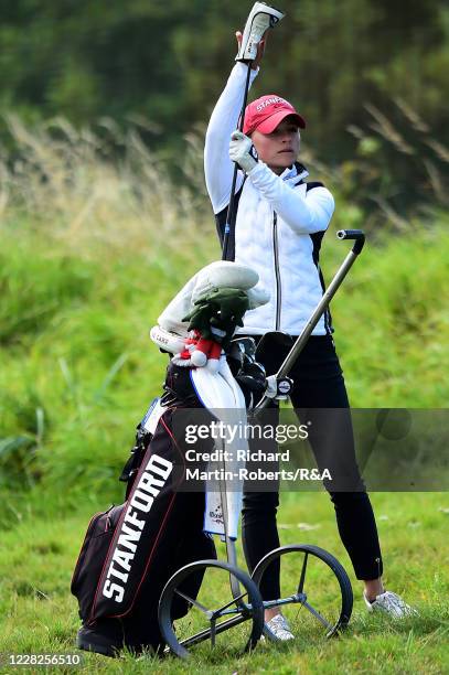 Aline Krauter of Germany selects a club during the Final on Day Five of The Women's Amateur Championship at The West Lancashire Golf Club on August...