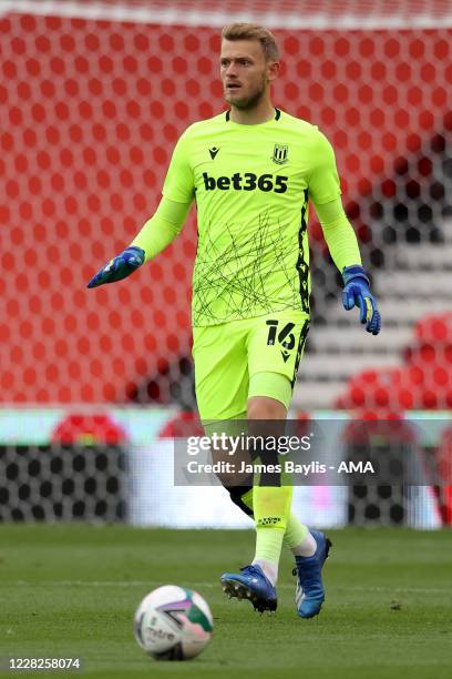 Adam Davies of Stoke City during the Carabao Cup First Round match between Stoke City v Blackpool at Bet365 Stadium on August 29, 2020 in Stoke on...