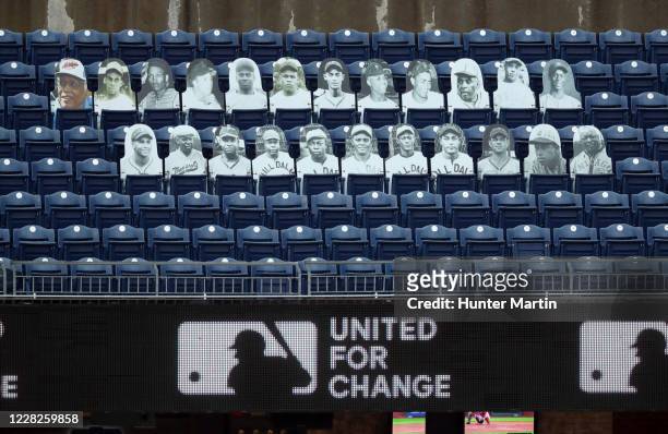 View of cut-outs of African-American players from the Negro Leagues are displayed in left field during a game between the Philadelphia Phillies and...