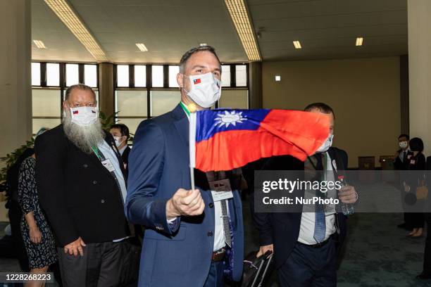 Prague Mayor Zdenek Hrib holding a Taiwan Flag at his arrival at Taiwan, Taoyuan Airport. In Taipei,Taiwan, on August 30, 2020.