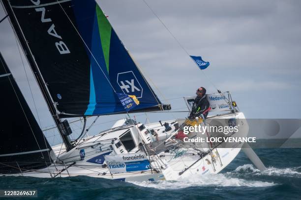 Armel Le Cleac'h, Banque Populaire 41, takes to the start of the 51st edition of La Solitaire du Figaro solo sailing race on August 30 off the coast...