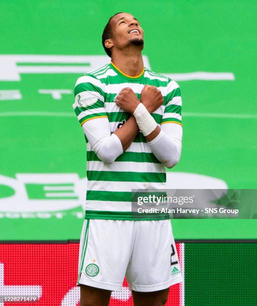 Celtic's Christopher Jullien celebrates his goal during a Scottish Premiership match between Celtic and Motherwell at Celtic Park on August 30 in...