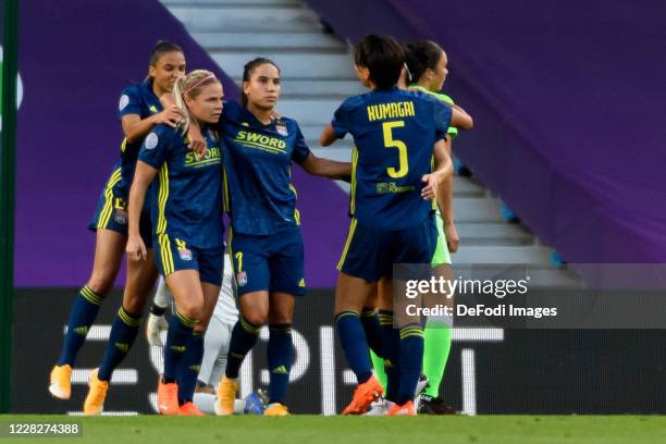 Eugenie Le Sommer of Olympique Lyon celebrates after scoring her team's first goal with teammates during the UEFA Women's Champions League Final...