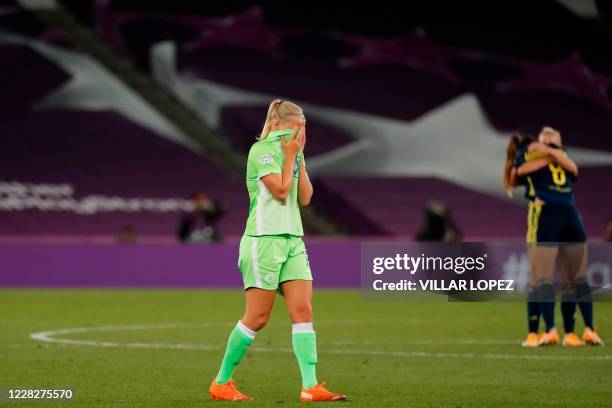 VfL Wolfsburg's German forward Pauline Bremer reacts after Wolfsburg lost the UEFA Women's Champions League final football match between VfL...