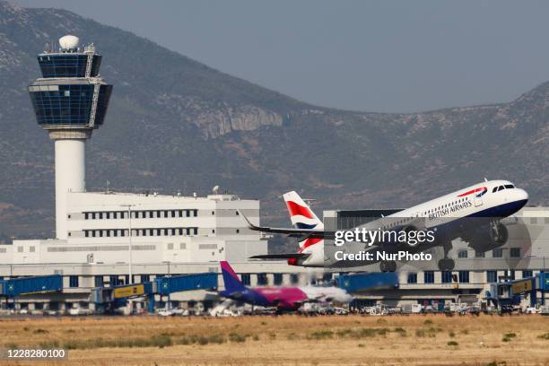 British Airways Airbus A320neo aircraft as seen during takeoff, departing from the Greek capital, Athens International Airport ATH LGAV. The Airbus...