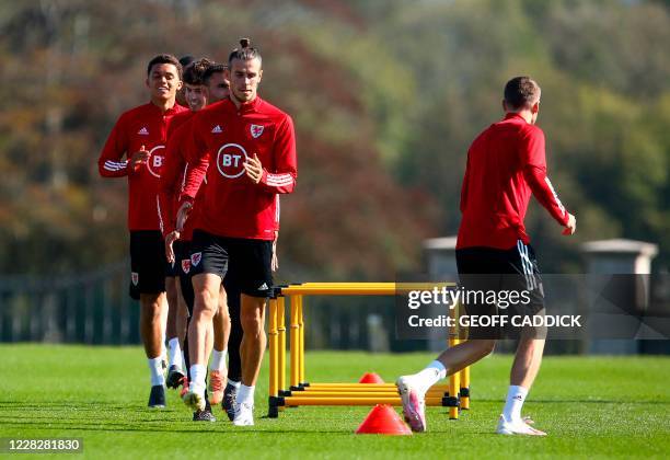 Wales' forward Gareth Bale attends a training session at The Vale Resort near Hensol in South Wales on August 31, 2020 ahead of their UEFA Nations...