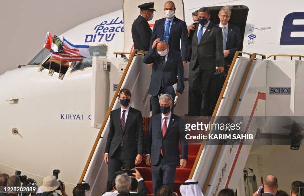 Presidential Adviser Jared Kushner and US National Security Adviser Robert O'Brien disembark from the the El Al's airliner, which is carrying a...