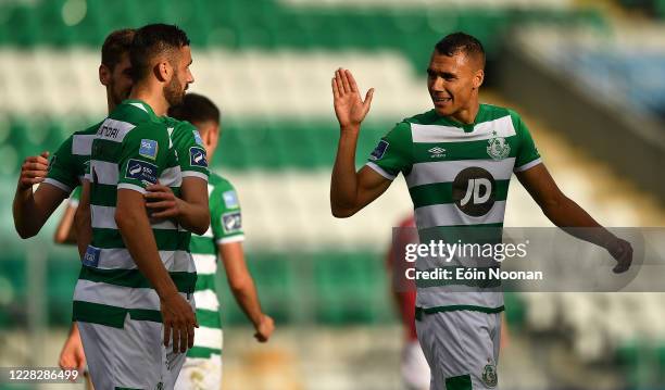 Dublin , Ireland - 31 August 2020; Danny Lafferty of Shamrock Rovers celebrates with team-mate Graham Burke after scoring his side's first goal...