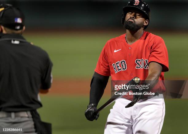 Boston Red Sox center fielder Jackie Bradley Jr. Reacts to striking out in the third inning. The Boston Red Sox host the Washington Nationals at...