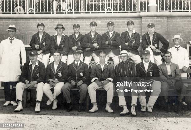 The MCC England cricket team in Brisbane during their Tour of Australia which resulted in their losing the series 0-5, circa 1921. Left to right,...