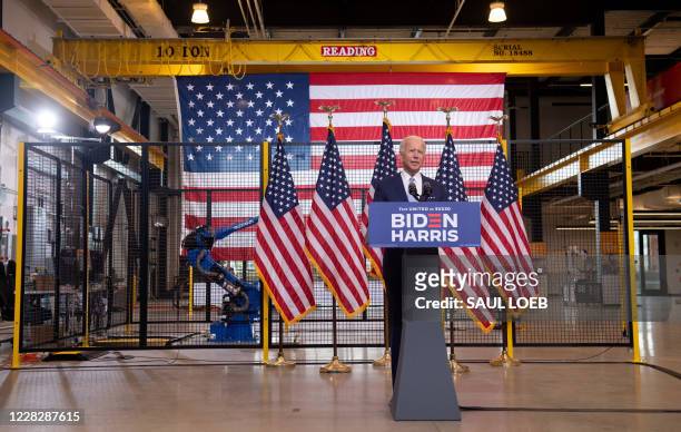 Democratic presidential nominee former US Vice President Joe Biden speaks during a campaign event at Mill 19 in Pittsburgh, Pennsylvania, August 31,...