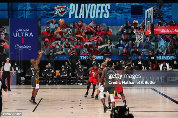 Chris Paul of the Oklahoma City Thunder shoots a free throw to put the Oklahoma City Thunder in the lead during a game against the Houston Rockets...